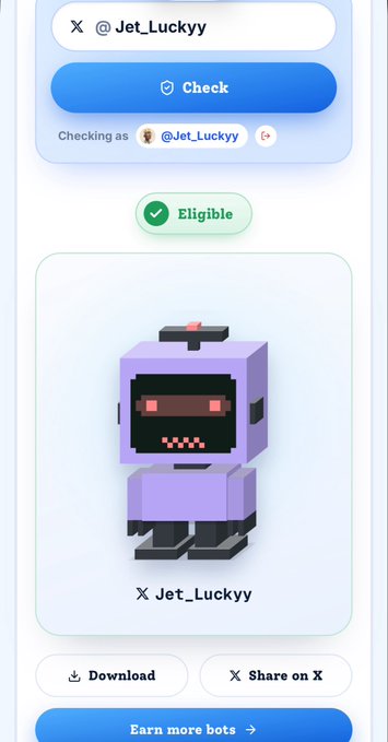 A mobile app interface showing an X (Twitter) eligibility check for user @Jet_Luckyy, displaying a 'Check' button, an 'Eligible' status, and a pixelated purple robot character labeled 'Jet_Luckyy' with 'Download' and 'Share on X' options.