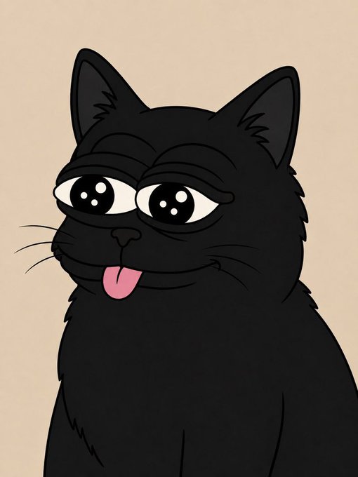 A cartoon black cat with a tired, knowing expression sticks out its tongue, visually matching GWIM’s “BACK IN THE BUY ZONE” post after the token fell from roughly 80K to 25K market cap. The image contains no visible text or contract address, which is also missing from the post.