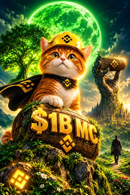 A digital illustration of an orange tabby cat wearing a yellow Binance-themed hard hat and cape, sitting on a giant gold coin labeled '$1B MC' against a green moon background.