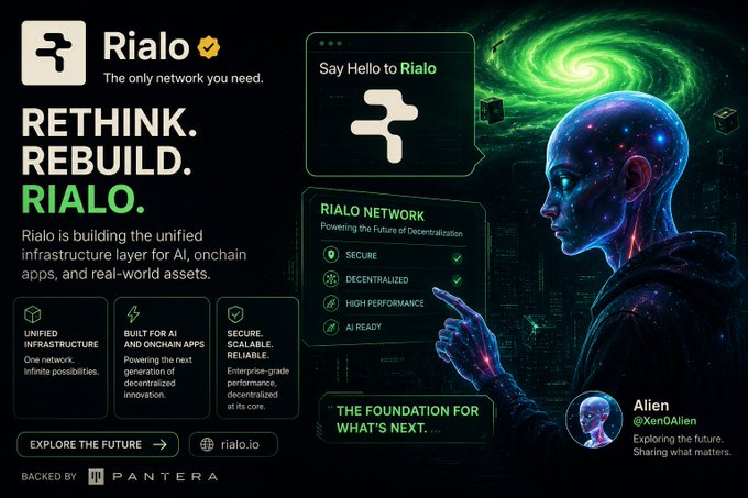 A promotional banner for **Rialo**, tagged "The only network you need," features an alien figure alongside text reading "RETHINK. REBUILD. RIALO." and promoting it as a unified infrastructure layer for AI, onchain apps, and real-world assets, with key highlights including "SECURE," "DECENTRALIZED," "HIGH PERFORMANCE," and "AI READY," backed by Pantera and linked to rialo.io. The design visually reinforces the post's emphasis on Rialo as foundational Web3 infrastructure bridging decentralized technology with real-world utility.