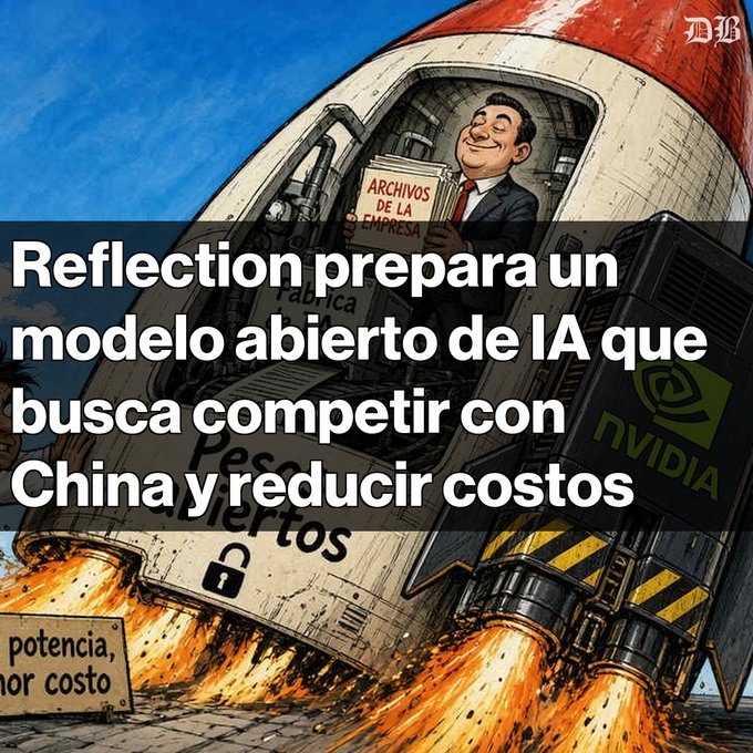 A political cartoon illustration shows a man holding an "ARCHIVOS DE LA EMPRESA" file emerging from a rocket labeled with NVIDIA branding, with a Spanish text overlay reading "Reflection prepara un modelo abierto de IA que busca competir con China y reducir costos."