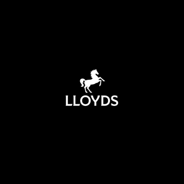 A minimalist logo featuring a white rearing horse silhouette above the text 'LLOYDS' on a solid black background.