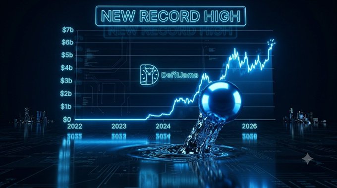 A futuristic glowing blue graphic displaying "NEW RECORD HIGH" with an upward trending line graph and "DeFiLlama" branding, with a crystal ball-like sphere in the foreground.