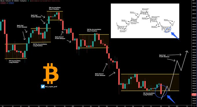 A Bitcoin/BTC candlestick chart illustrates the Wyckoff Method's market phases, with annotations marking institutional "Accumulation Short Position," "Up' Profit Release," "Down' Profit Release," and "Long Position" stages, alongside a reference diagram in the top right showing the spring event. The chart highlights a current "Spring" price action at the bottom right, indicating a potential accumulation bottom before an upward "Up' Profit Release" move, aligning with the post's anticipation of the Wyckoff spring event for Bitcoin.