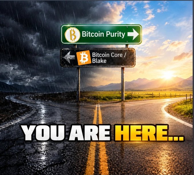 A graphic showing road signs for 'Bitcoin Purity' and 'Bitcoin Core / Blake' with the text 'YOU ARE HERE...' at a stormy crossroads.