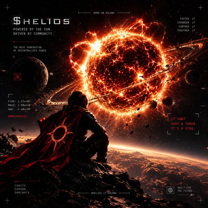 A promotional graphic for $HELIOS, a Solana-based token, featuring a cosmic scene with a fiery sun and a cloaked figure looking out over a planet, with text including 'BORN ON SOLANA,' 'POWERED BY THE SUN. DRIVEN BY COMMUNITY,' and 'IT'S NOT JUST A TOKEN. IT'S A STAR.'