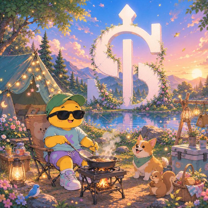 An illustrated scene showing a yellow character in sunglasses and a green cap cooking at a campsite, with a large "IG" logo in the background and a corgi watching.