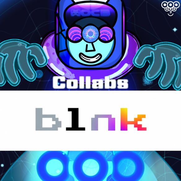 A promotional graphic for a Collabs collaboration with 'blink', featuring a blue cartoon robot character with purple and pink accents.