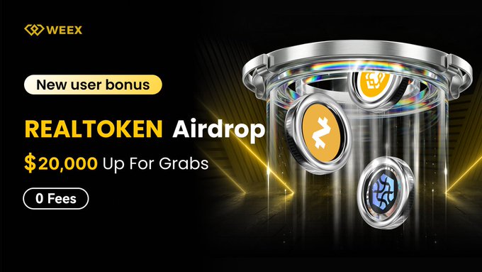 A WEEX promotional banner advertises a "REALTOKEN Airdrop" with "$20,000 Up For Grabs" as a "New user bonus" with "0 Fees," featuring shiny crypto coin graphics to promote the limited-time airdrop event for new users.