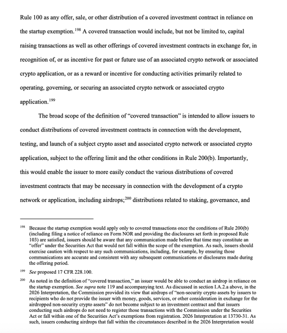 The image shows a page from an SEC regulatory document discussing Rule 100 and "covered transactions" related to crypto networks and applications, specifically noting that the broad scope of "covered transaction" definitions is intended to allow issuers to conduct distributions "including airdrops" and "distributions related to staking, governance." This relates to the post by clarifying that under the SEC's new crypto framework, retroactive airdrops rewarding past user behavior fall within Rule 100's "covered transaction" definition, potentially giving them a legal advantage over points campaigns that promise future token rewards.