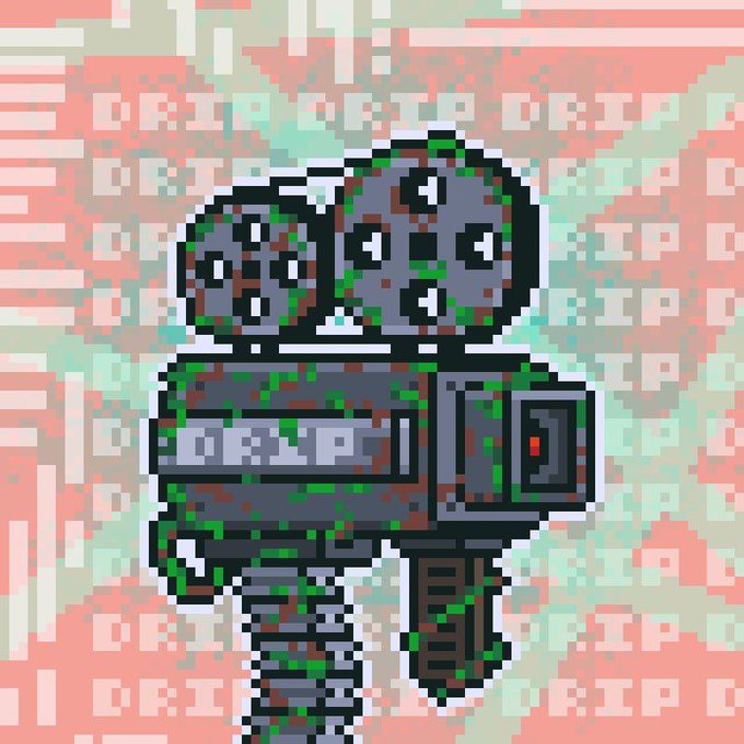 Pixel art illustration of a vintage-style movie camera covered in green moss or vines, set against a pink and white patterned background.