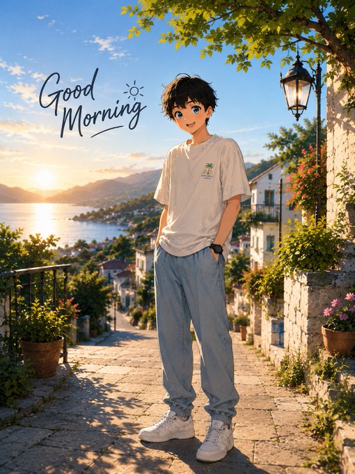 An anime-style illustration of a cheerful young boy with dark hair and blue eyes wearing a white t-shirt and light blue jeans, standing on a cobblestone path overlooking a Mediterranean coastal town at sunrise, with the words 'Good Morning' written in the sky.