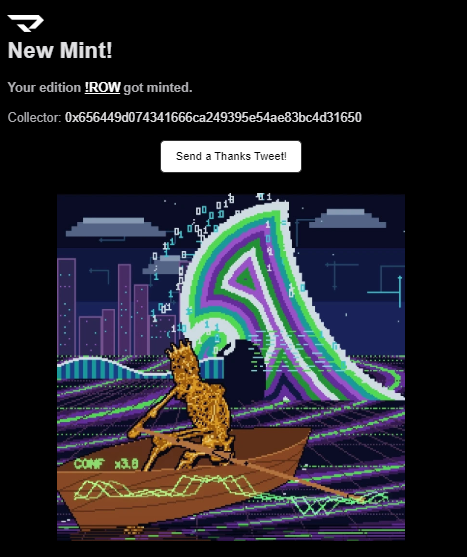 Digital NFT minting confirmation screen for 'New Mint!' edition 1ROW with a pixel art image of a golden figure rowing a boat with a rainbow sail.