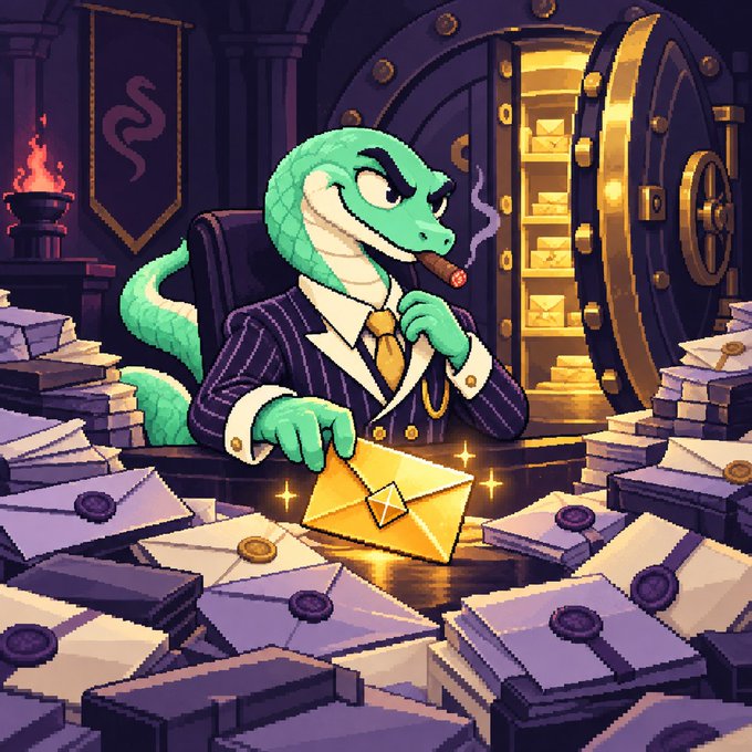 An illustration features an anthropomorphic green snake wearing a pinstripe suit and smoking a cigar, sitting at a desk piled with letters and a golden envelope, with a vault full of gold in the background.