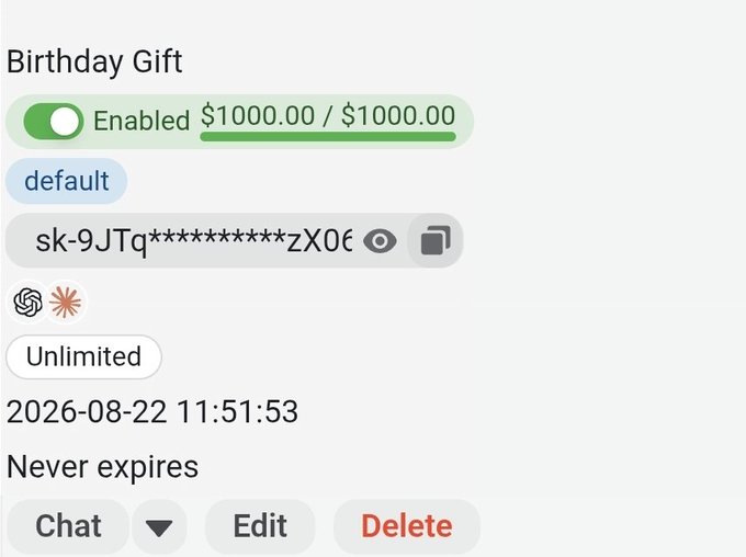 A screenshot of an LLM router account dashboard showing an "Birthday Gift" API key (sk-9JTq********zX06) enabled with a $1000.00/$1000.00 balance, unlimited usage, and a timestamp of 2026-08-22. The post shares this key publicly as a birthday giveaway for others to use.