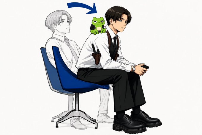 An anime-style illustration showing a man with dark hair sitting in a blue chair holding a game controller, with a green frog perched on his shoulder and an arrow pointing from a faded outline of another man in the background.