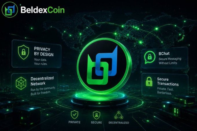 A promotional graphic for "BeldexCoin" showing a green interlocking logo on a world map background, highlighting features: Privacy by Design, BChat Secure Messaging, Decentralized Network, and Secure Transactions.