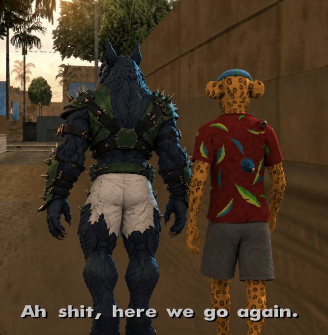 Two video game characters—a muscular, armored werewolf and a cheetah wearing a backwards cap and red Hawaiian shirt—walk side by side down a sunlit street, with the meme caption "Ah shit, here we go again" displayed at the bottom. The image fits the post's "Happy Mutant Monday" theme by showcasing two anthropomorphic mutant characters starting another adventure together.