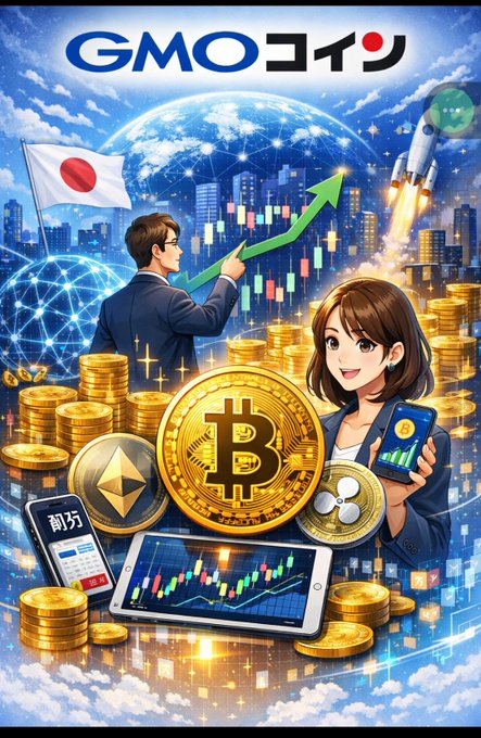 A vibrant promotional graphic for GMO Coin features the text "GMOコイン" at the top, alongside Japanese yen "¥" symbols, Bitcoin and cryptocurrency coins, a rising green chart, a Japanese flag, a rocket, and anime-style characters with a smartphone, illustrating the post's message about Bitcoin being accessible "money on the internet." The imagery of growth (rocket, ascending chart) and global connectivity visually reinforces the idea that Bitcoin is a new, borderless financial system rather than something shady or complicated.