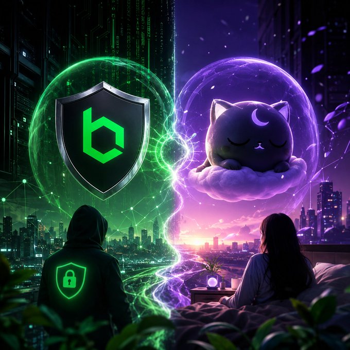 A stylized split-scene illustration contrasting a hooded figure with a green shield-and-padlock logo against a dark cyberpunk cityscape on the left, and a woman sitting peacefully before a sleeping purple cat on a cloud under a moonlit sky on the right.