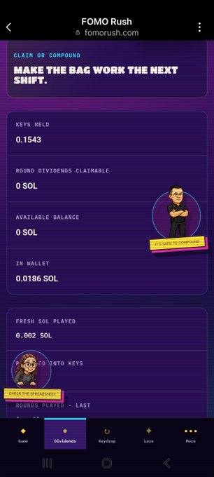 A mobile screenshot of the 'FOMO Rush' app displaying sections for 'KEYS HELD' (0.1543), 'AVAILABLE BALANCE' (0 SOL), 'IN WALLET' (0.0186 SOL), and 'FRESH SOL PLAYED' (0.002 SOL), featuring cartoon avatars labeled 'BTC BARD IS COMPOUNDING' and 'THEYE THE SPREADSHEET'.