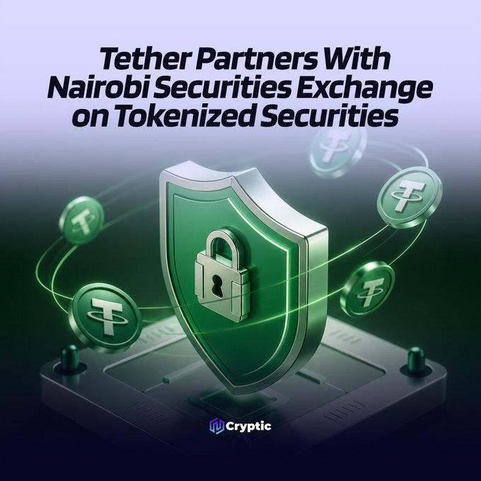 The image features a green shield with a padlock at its center, surrounded by orbiting Tether (₮) tokens on a dark platform, with the headline "Tether Partners With Nairobi Securities Exchange on Tokenized Securities" and the "Cryptic" logo at the bottom. It visually represents the security and blockchain infrastructure aspects of Tether's MOU with the Nairobi Securities Exchange to explore tokenized securities and USDT-based settlement using the Hadron platform.