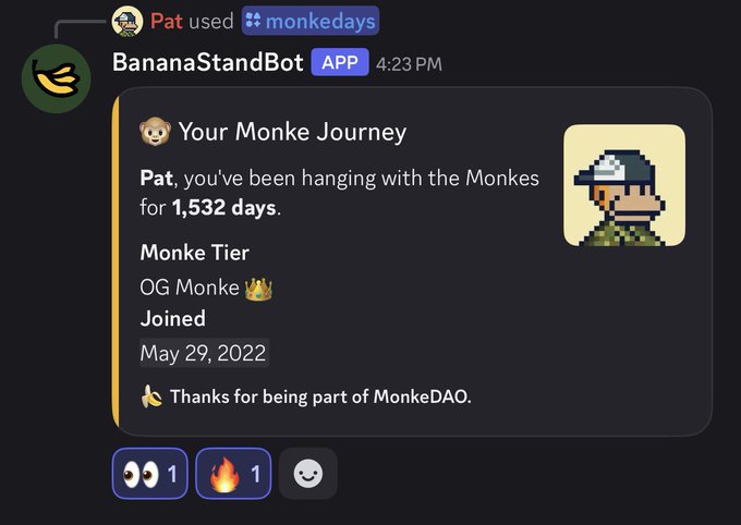 A Discord message from BananaStandBot showing 'Your Monke Journey' for user Pat, indicating they've been with the Monkes for 1,532 days as an OG Monke since May 29, 2022.
