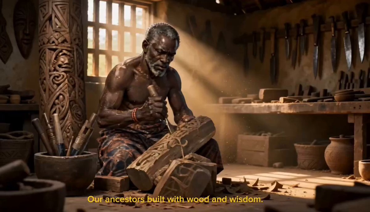 The image features an older man sitting at a workbench with woodworking tools around him. The text "Out ancestors built with wood and wisdom Now we build with code and conviction" is written above the man, suggesting that he is drawing inspiration from the past while creating something new in the present day. This quote emphasizes the importance of learning from history to create a better future.