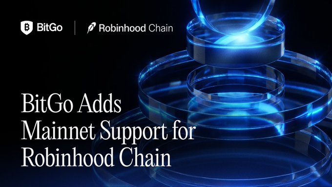 A promotional graphic announcing "BitGo Adds Mainnet Support for Robinhood Chain," featuring the BitGo and Robinhood Chain logos in the top-left corner against a dark background with glowing blue ring graphics, visually reinforcing the partnership for institutional custody and wallet infrastructure highlighted in the announcement.