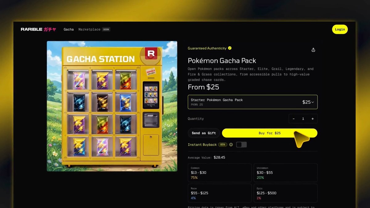 The image displays the Rarible Gacha product page for a "Pokémon Gacha Pack" starting at $25, featuring a yellow "GACHA STATION" vending machine illustration alongside purchase details including quantity selectors, a "Buy for $25" button, an "Instant Buyback" toggle, and rarity tier breakdowns (Common 75%, Uncommon 20%, Rare 4%, Epic 1%) with an average value of $28.45. This product page corresponds to the Rarible Gacha Station tutorial referenced in the post, illustrating the final buying screen where users select packs, adjust quantities, send gifts, and enable Instant Buyback before completing their purchase.