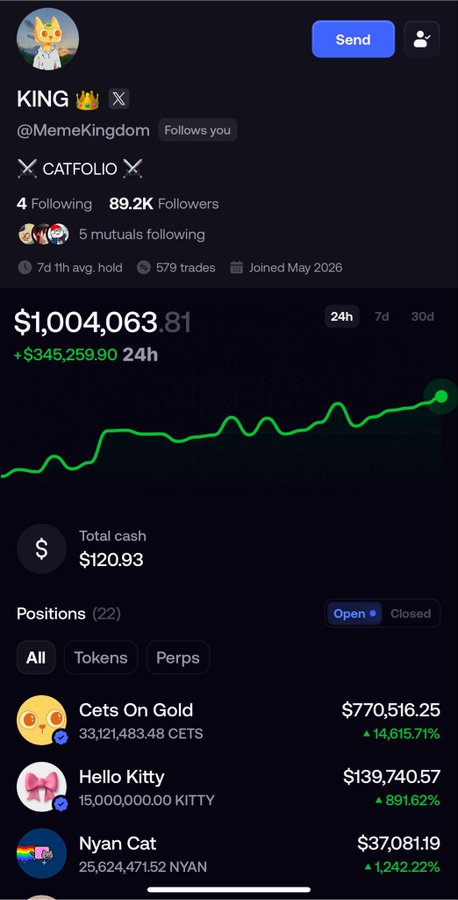 A screenshot of a social media profile for 'KING' (@MemeKingdom) on CATFOLIO displays a portfolio value of $1,004,063.81, showing top positions including 'Cets On Gold' ($770,516.25), 'Hello Kitty' ($139,740.57), and 'Nyan Cat' ($37,081.19).