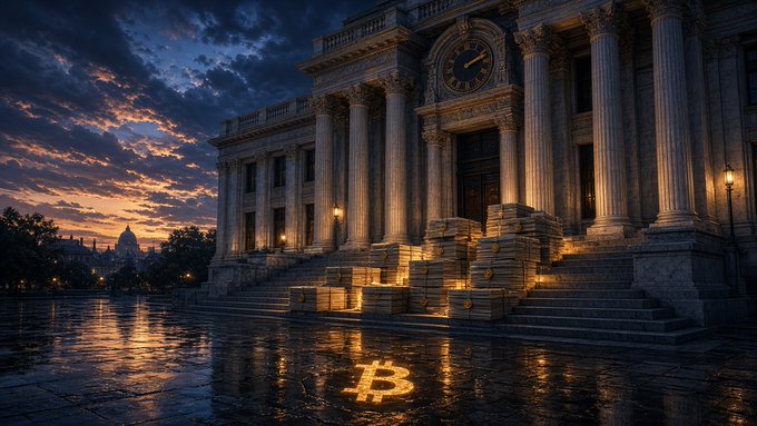 A grand neoclassical building with a clock tower and Corinthian columns stands under a dramatic sunset sky, with a glowing Bitcoin logo reflected on the wet pavement below and stacks of gold coins piled on the steps. The image visually reinforces the post's theme by symbolizing the weight of Federal Reserve policy decisions pressing down on Bitcoin amid shifting rate hike expectations.