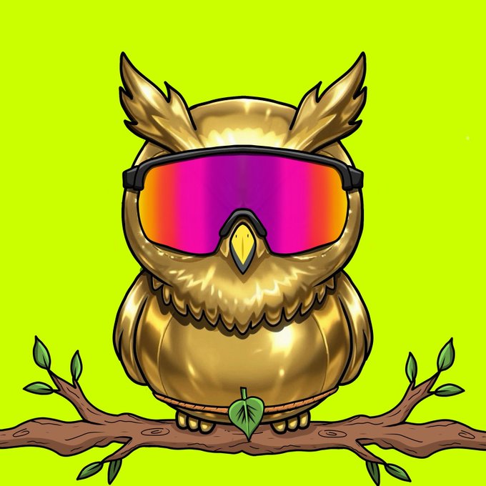 A shiny, metallic golden owl wearing large pink and purple ski goggles, perched on a brown branch with green leaves against a bright lime green background.