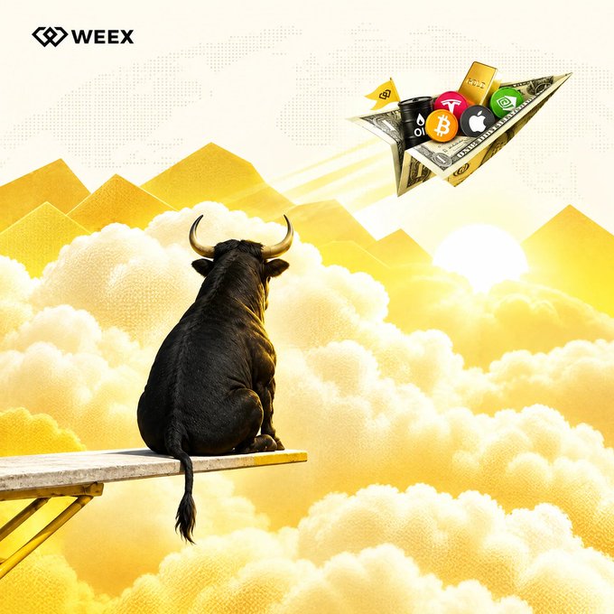 A black bull sits on a ledge above golden clouds, gazing up at a paper airplane carrying gold bars and various cryptocurrency coins (including Bitcoin, Tether, and Apple logo) flying through a sunset sky, with "WEEX" branding in the corner. The bullish imagery perfectly matches the post's theme of identifying the "most bullish coin in September," symbolizing a market on the rise toward new crypto highs.