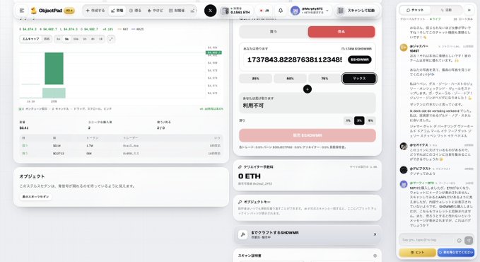 A Japanese crowdfunding dashboard (ObjectiV) displaying project information for "ETH" with a funding total of 1,737,843,822,876,381,234 and 75% funded.