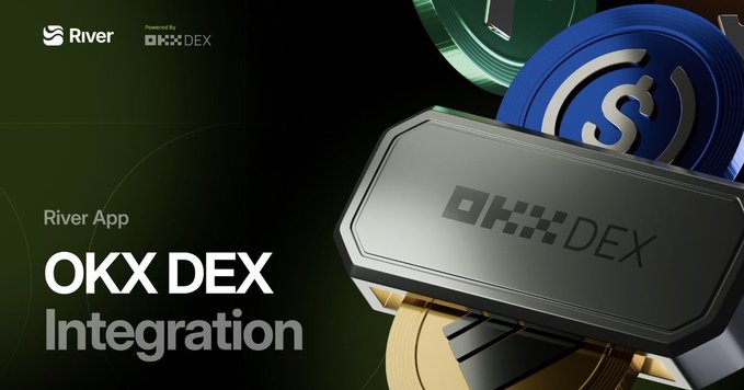 The image is a promotional graphic for the River App's integration with OKX DEX. It features the River logo and OKX DEX branding at the top, with large text reading "River App OKX DEX Integration," alongside a 3D rendering of the OKX DEX logo and stylized crypto tokens, visually reinforcing the post's announcement of a new partnership that enables seamless in-app asset swaps.