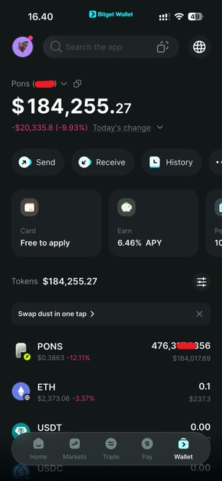 A screenshot of a Bitget Wallet mobile app showing a balance of $184,255.27 with a daily loss of -$20,335.80 (-9.93%), holding tokens including PONS at $0.3863 and ETH at $2,373.06.