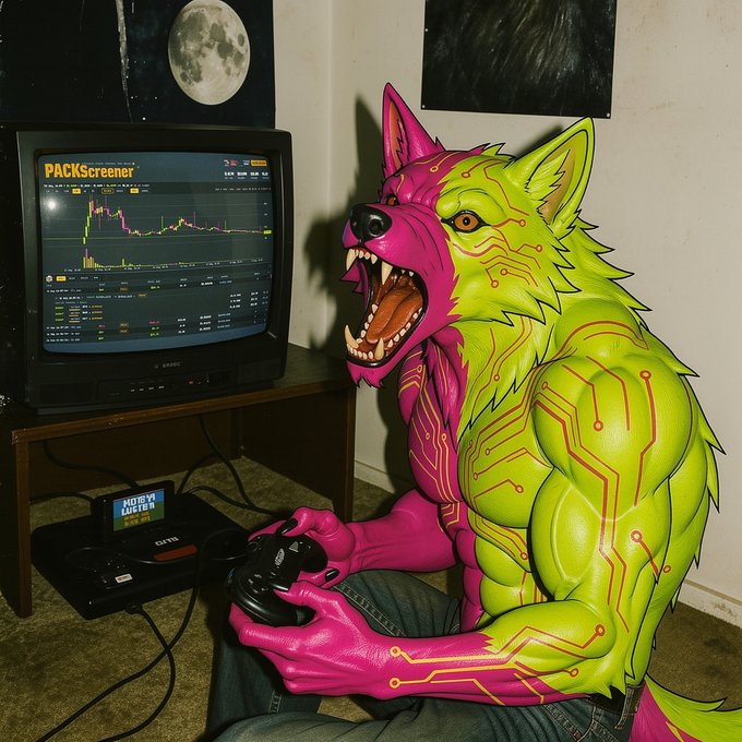 A neon green and pink cyber-style werewolf character intensely plays a video game on a retro CRT television showing 'PACKScreener' stock data, with a Sega Genesis console below.