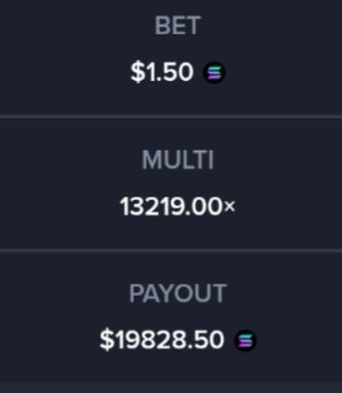 The image shows a betting result with a $1.50 BET, a 13219.00× MULTI, and a $19828.50 PAYOUT in SOL, which the poster is showcasing as evidence of a big win tied to their "20 BANDS" giveaway promotion offering a 2 SOL tip.
