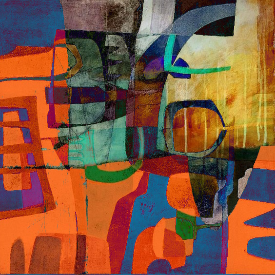 The image features a large abstract painting with various colors, including shades of orange, blue, green, and purple. The artwork appears to be a collage or mixed media piece that incorporates elements from different sources. The painting has an artistic style reminiscent of cubism, which is evident in the geometric shapes and overlapping forms used by the artist. The image also includes text that reads "08:28 niteru-5/31 dai". This suggests that the artwork was created during a specific time period or event, possibly at a particular location.