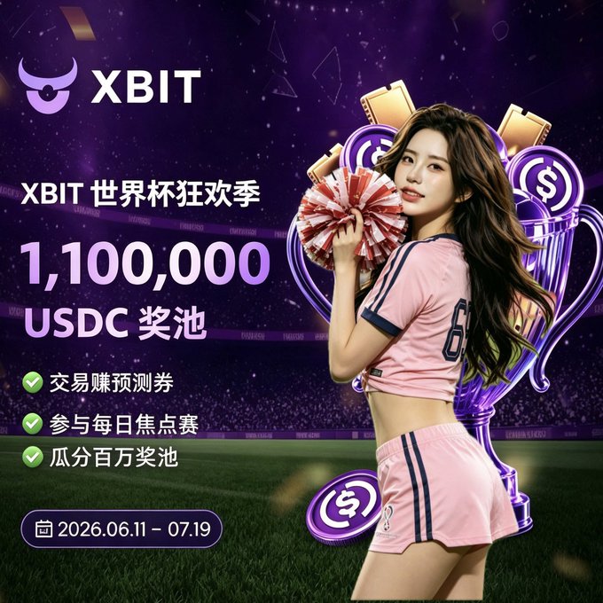 The image features a woman wearing pink shorts, holding a pom-pom, and standing next to a trophy. The background of the image shows a soccer field with a crowd watching the game. In the foreground, there are text elements that read "XBITDEX" and "@XBITDEX_ZH", which could be related to an event or competition involving sports betting. Additionally, there is a post on social media promoting a World Cup-related gambling opportunity, encouraging people to participate in it by trading prediction markets or contracts for USDC.