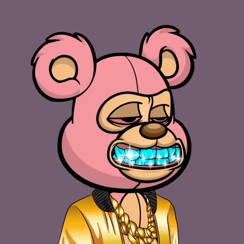 A digital illustration of a pink bear-like character wearing a gold chain and shirt, displaying a prominent grill of diamond-encrusted teeth.