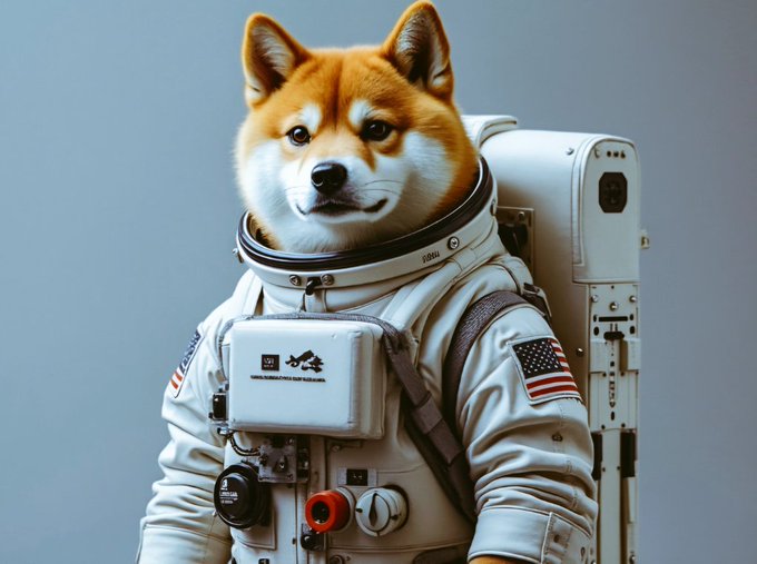 A digital artwork of a Shiba Inu dog wearing a NASA-style astronaut suit with an American flag patch, standing against a plain light blue background.