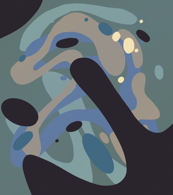 An abstract digital illustration featuring flowing, overlapping organic shapes in shades of black, blue, beige, and pale yellow against a muted teal background.