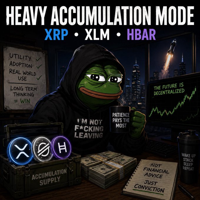 A Pepe the Frog character in a dark hoodie sits holding a "PATIENCE PAYS THE MOST" mug, surrounded by "ACCUMULATION SUPPLY" cash stacks and XRP, XLM, HBAR coin logos. Behind him is a chalkboard listing "UTILITY ADOPTION ✓, REAL WORLD USE ✓, LONG TERM THINKING = WIN," while a monitor displays "THE FUTURE IS DECENTRALIZED" with a rising chart and a rocket launching into a city skyline—reinforcing the post's message of steady accumulation and long-term conviction in those three altcoins.