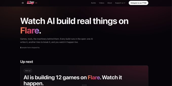 A dark-themed website screenshot for "Flare AI" with the headline "Watch AI build real things on Flare." and a section titled "Up next" mentioning "AI is building 12 games on Flare."