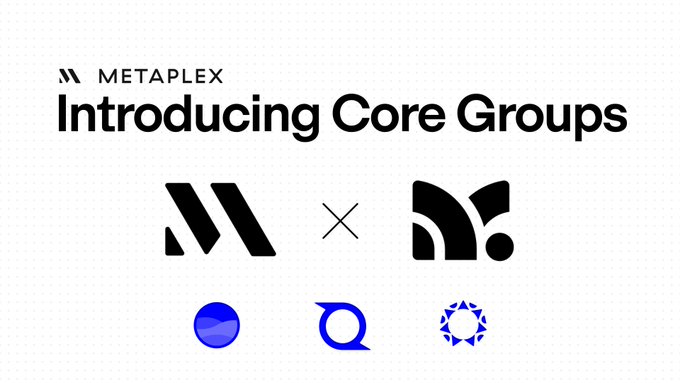 The image features a white background with black text and logos for "Introducing Core Groups" and "Core Groups". The text explains that Core Groups are a collection of related assets, collections, or groups, such as NFTs (Notifications) and Editions (Editions). The logo for the Core Group is a blue circle with a white dot in the center. There are also logos for other Core Groups, including one with a black dot and another with a blue circle.