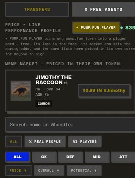 A 'TRANSFERS' marketplace interface showing a 'Meme Market' item for 'JIMOTHY THE RACCOON', priced at '$0.99 in $Jimothy' with options to filter by GK, DEF, MID, and ATT.