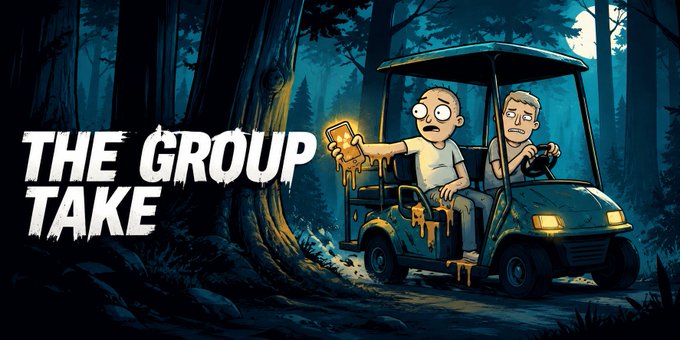An illustrated cartoon titled 'THE GROUP TAKE' depicting two characters in a golf cart in a dark forest setting, with one holding a glowing phone.