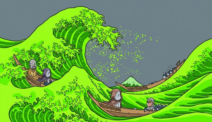 A cartoonish illustration of hooded figures in wooden boats navigating giant green ocean waves, referencing the style of 'The Great Wave off Kanagawa.'